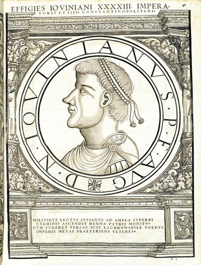 Iouinianus, illustratie uit Imperatorum romanorum omnium orientalium et occidentalium verissimae imagines ex antiquis numismatis, houtsnede door Rudolph Wyssenbach, gedrukt door Andreas Gesner, Zürich door Hans Rudolf Manuel Deutsch